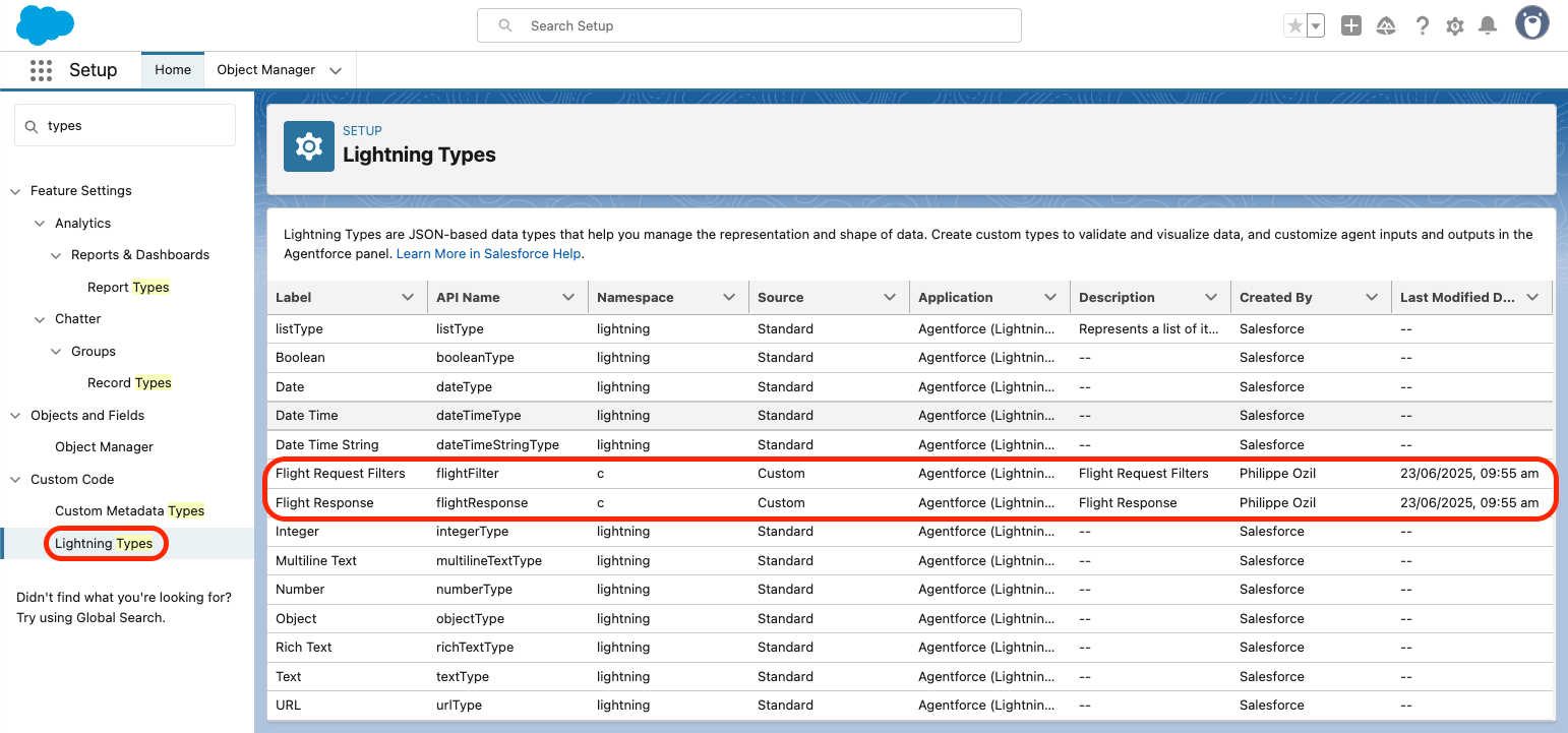 Screenshot of the Lightning types list view
