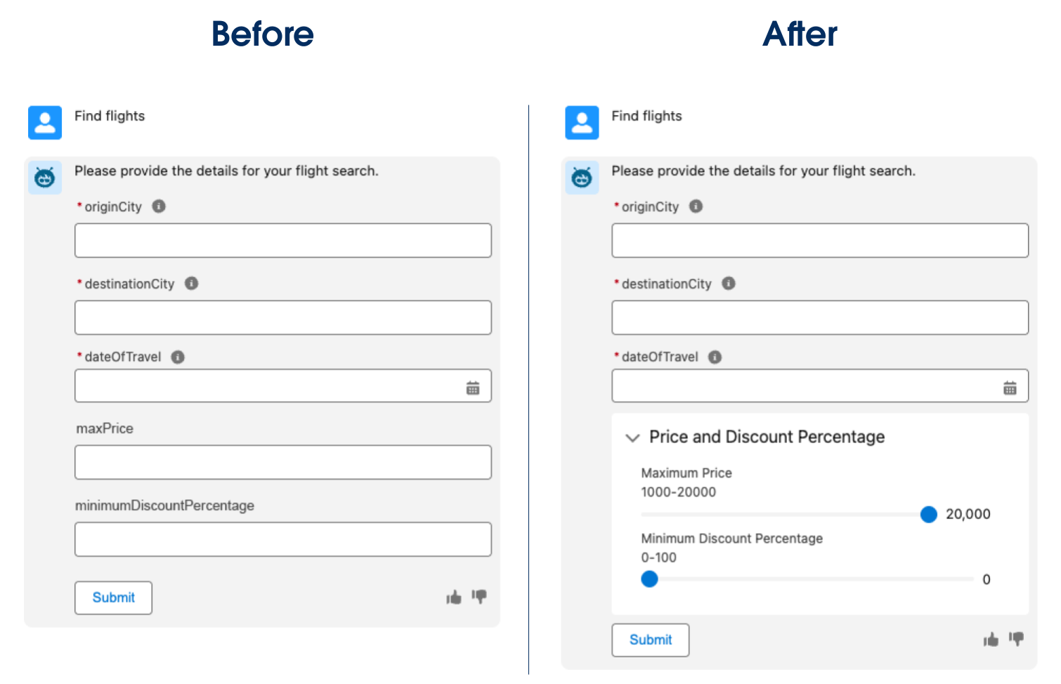 Comparison of the flight search action input without and with custom Lightning types