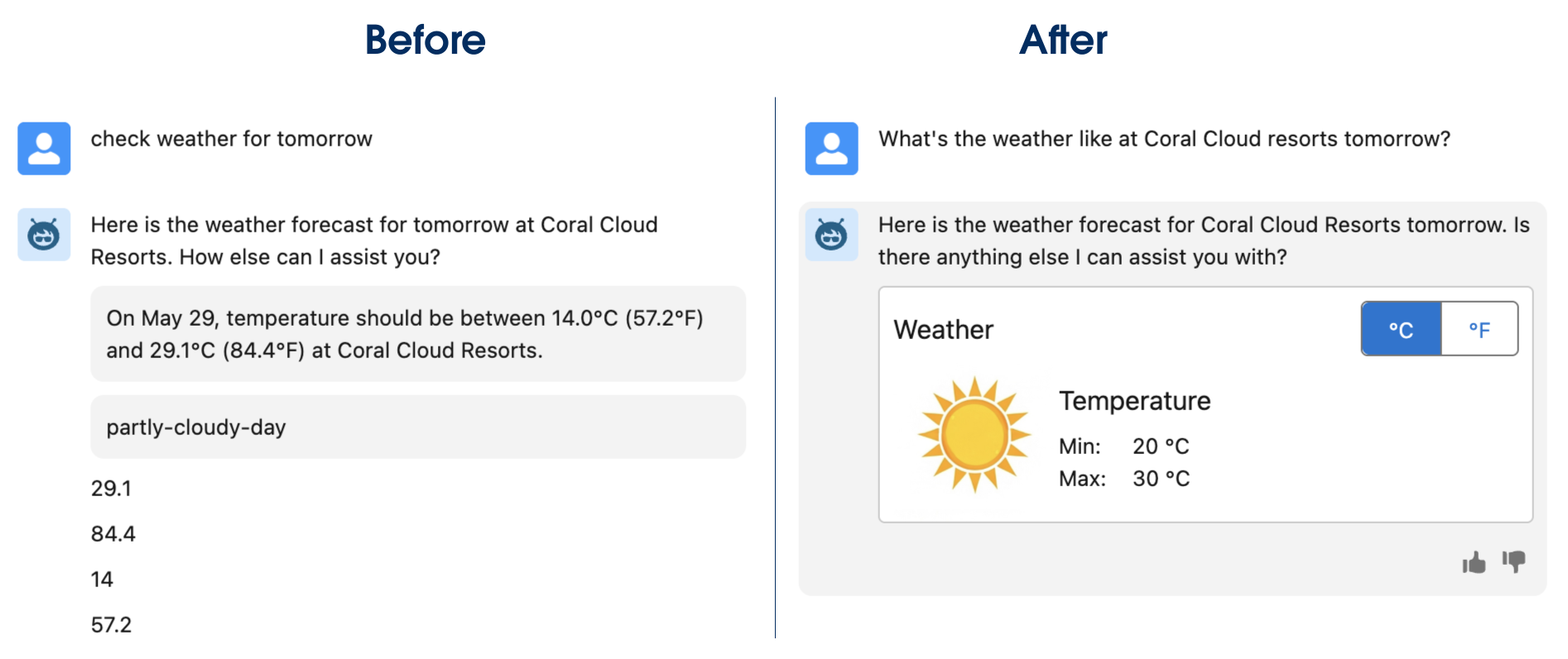 Comparison of the Check Weather action output without and with custom Lightning types