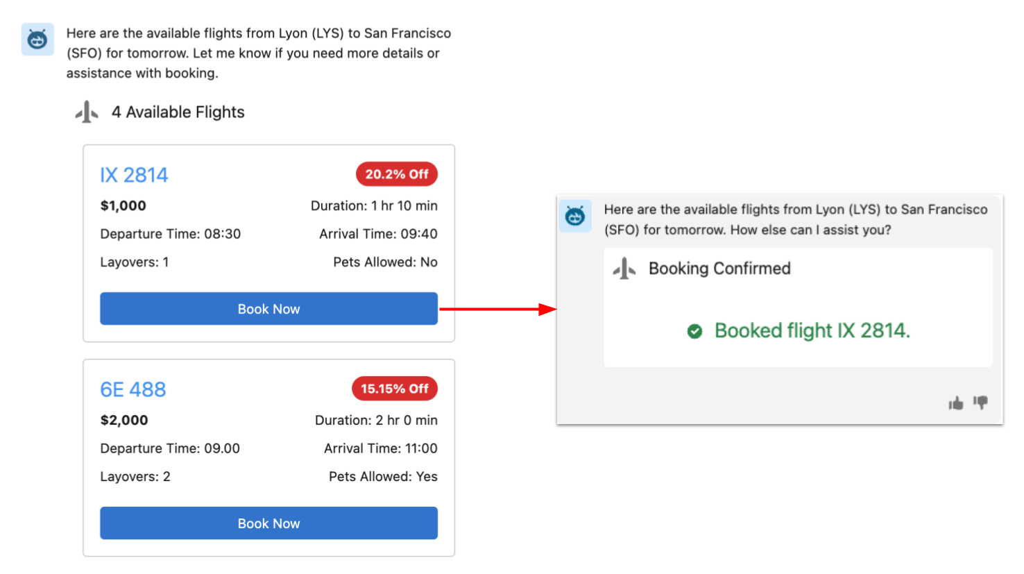 Screenshot of a custom Lightning type that provides an actionable component that lets you book a flight with a Book button