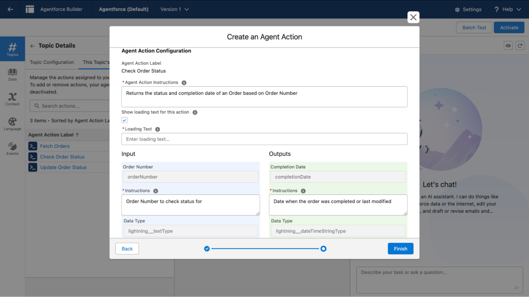 Action creation screen showing default labels and instructions from the Apex invocable method.