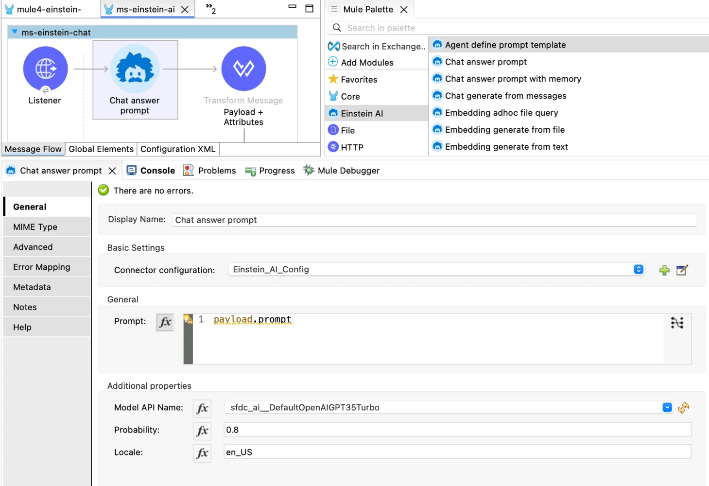 Image showing the Chat Answer Prompt connector in Anypoint Studio