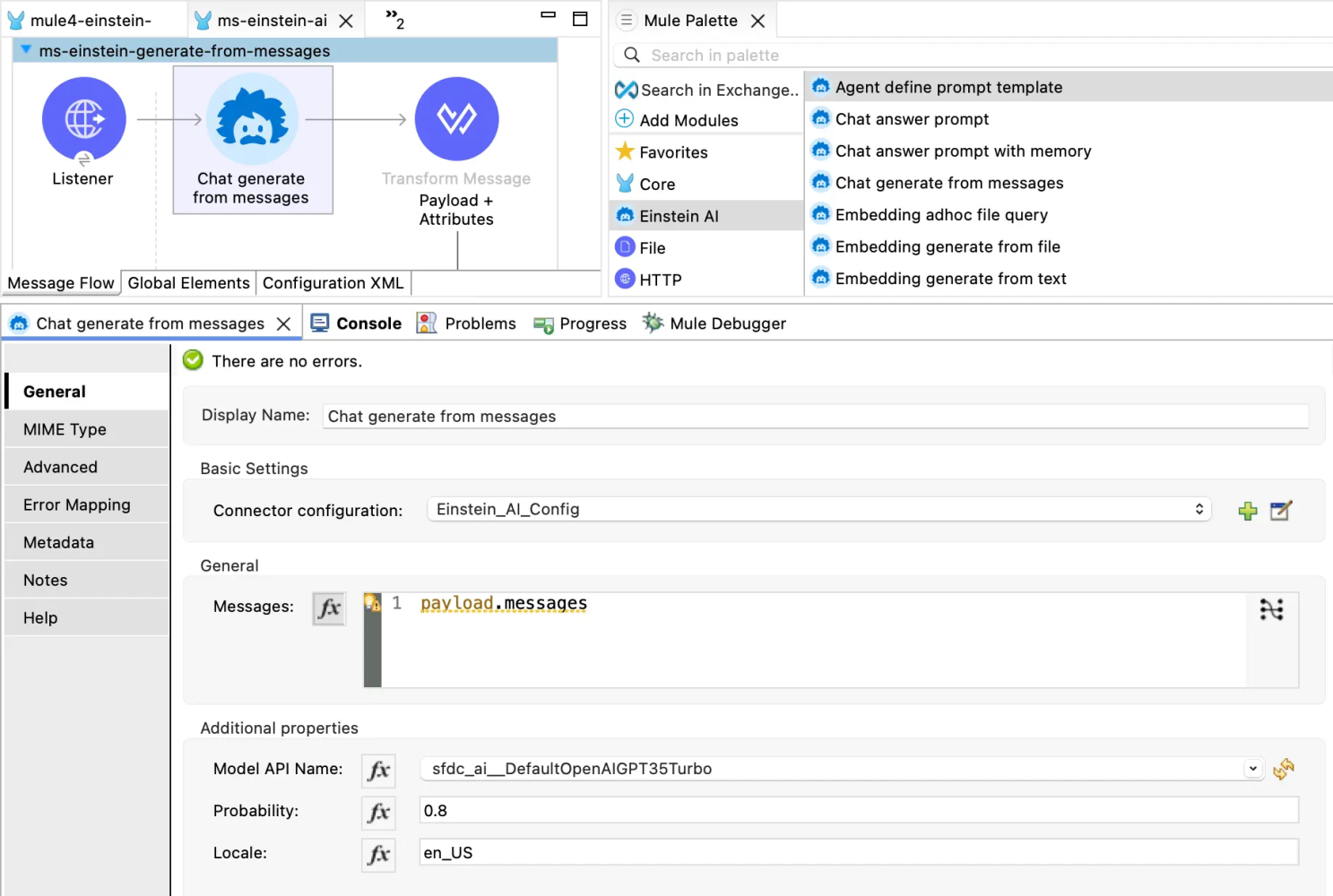 Image showing the Chat Generate From Messages connector in Anypoint Studio
