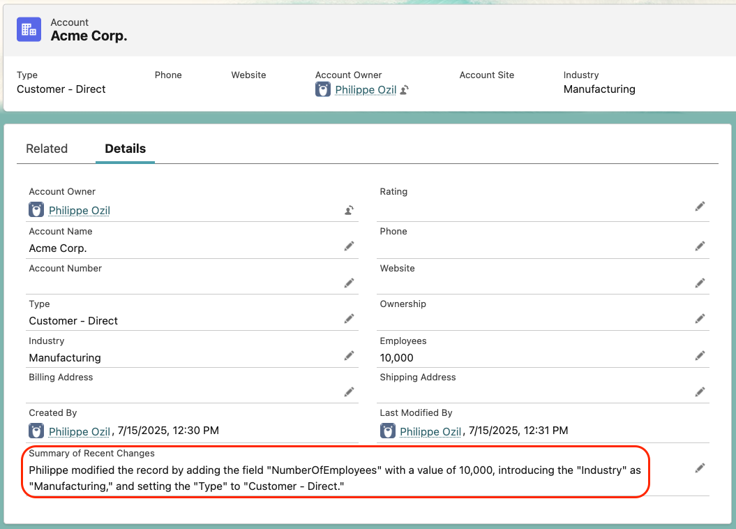 Screenshot showing a detailed summary of recent changes made to a customer’s Account record