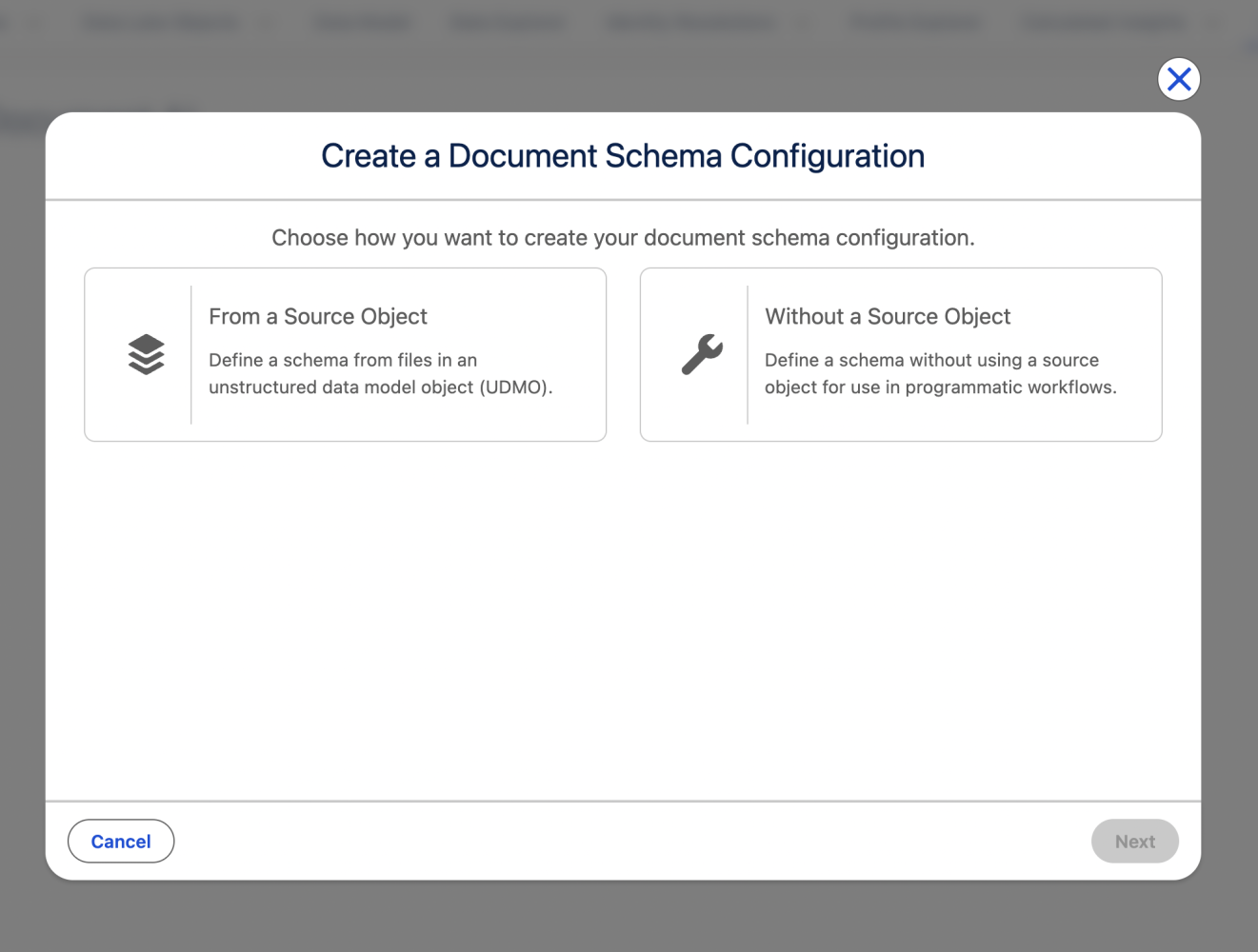 Screenshot showing the two options for creating a document schema configuration for use with Document AI