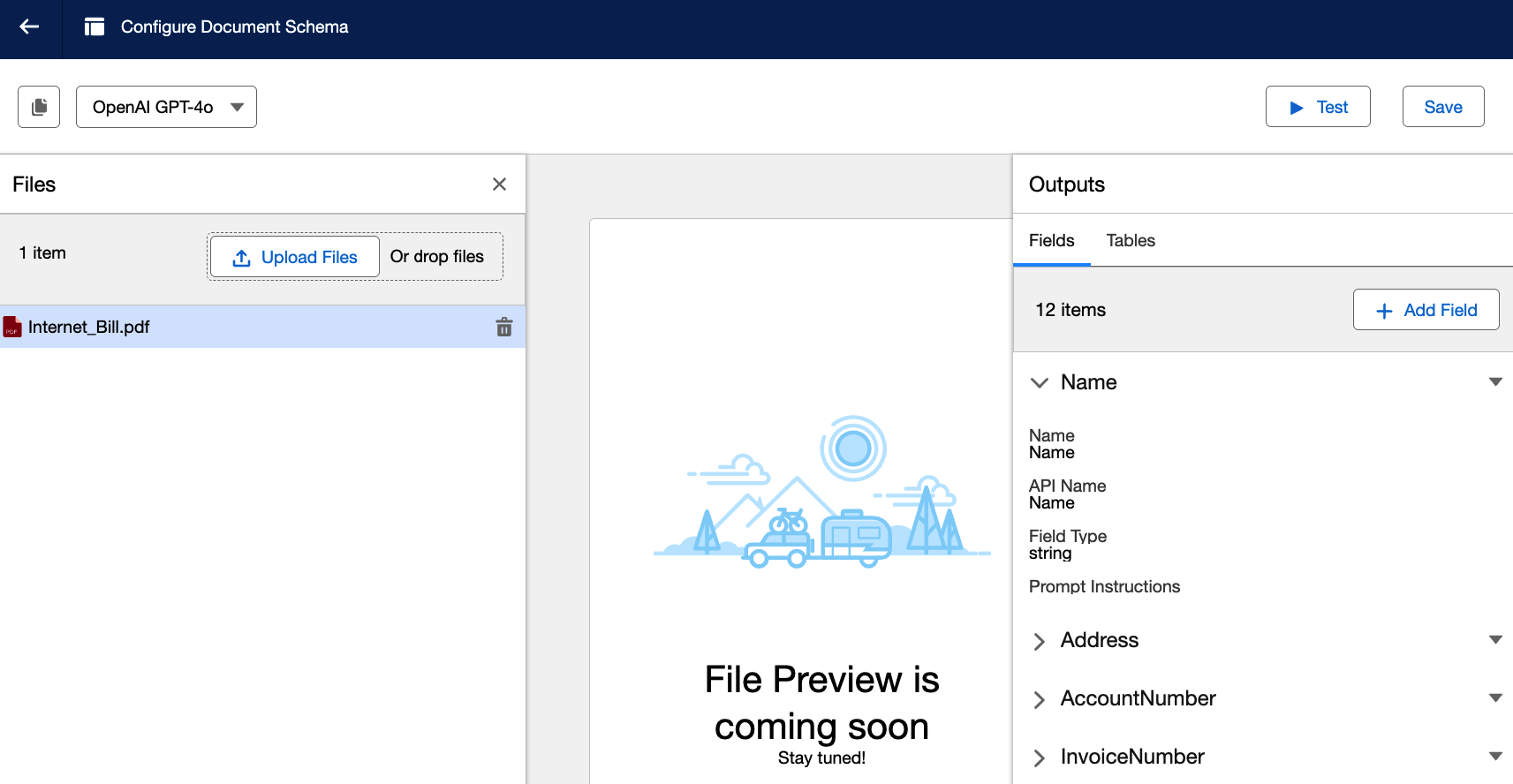 Screenshot showing the selection of a PDF file to process using Document AI