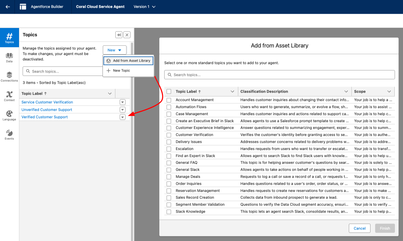 Screenshot of Agent Builder showing how to get the Service Customer Verification topic from the asset library