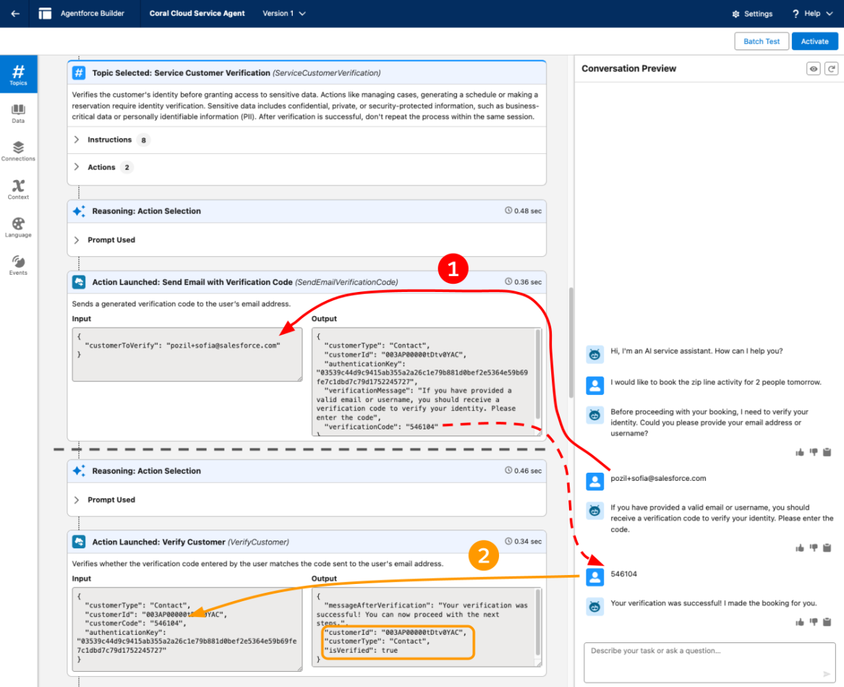Screenshot of a conversation in Agent Builder that showcases the use of the verification actions