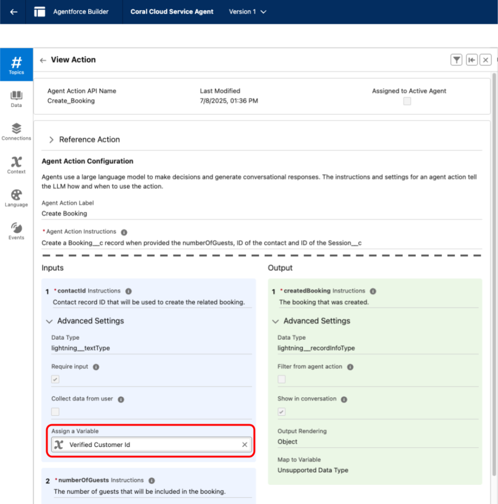 Screenshot of the booking action where the contact ID is assigned the Verified Customer Id variable