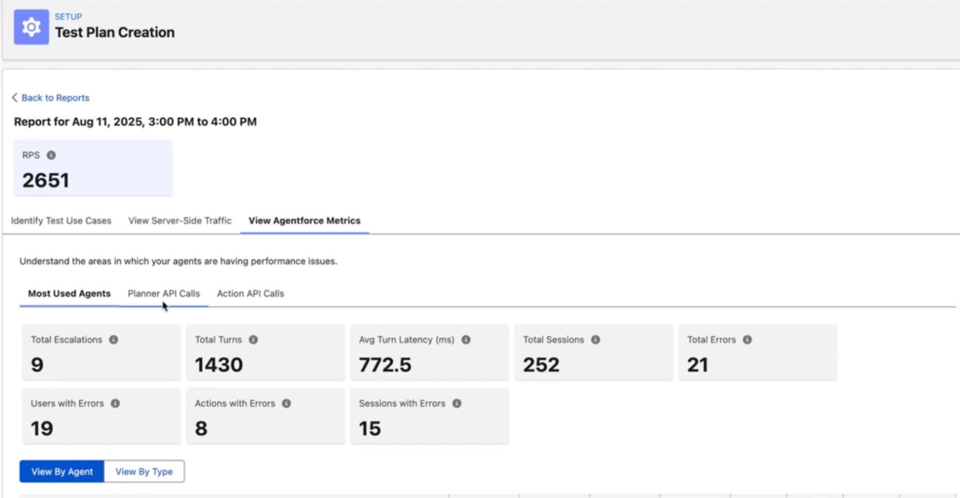 Test plan creation with Agentforce metrics showing usage, latency, and error data.