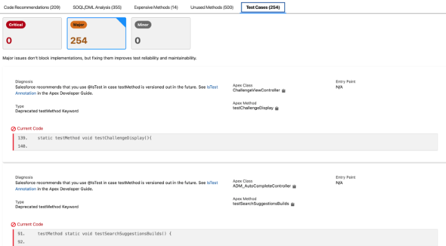 ApexGuru Test Case Insights showing test cases flagged for updates.