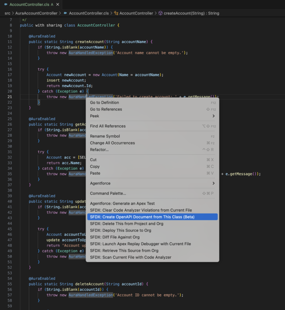 Screenshot showing the Agentforce for Developers menu with the “SFDX: Create OpenAPI Document from This Class (Beta)” option selected 