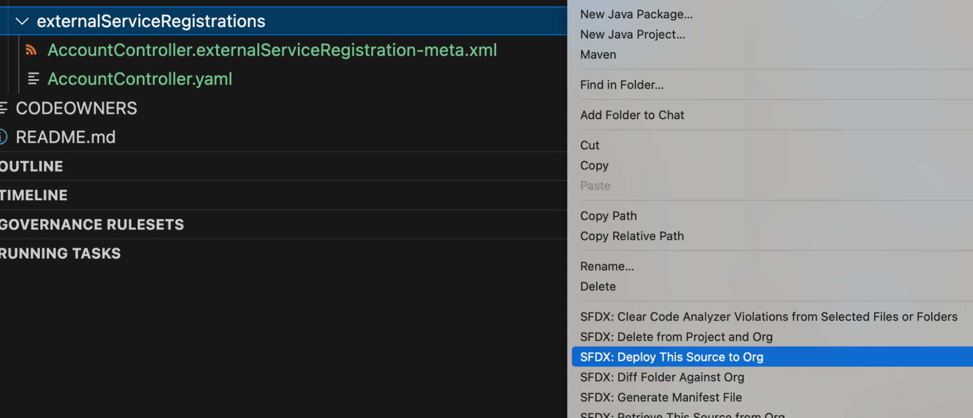 Screenshot of the folder structure representing the generated .yaml and .externalServiceRegisteration-meta.xml along with the SFDX: Deploy this Source to Org command developers need to run to deploy it 