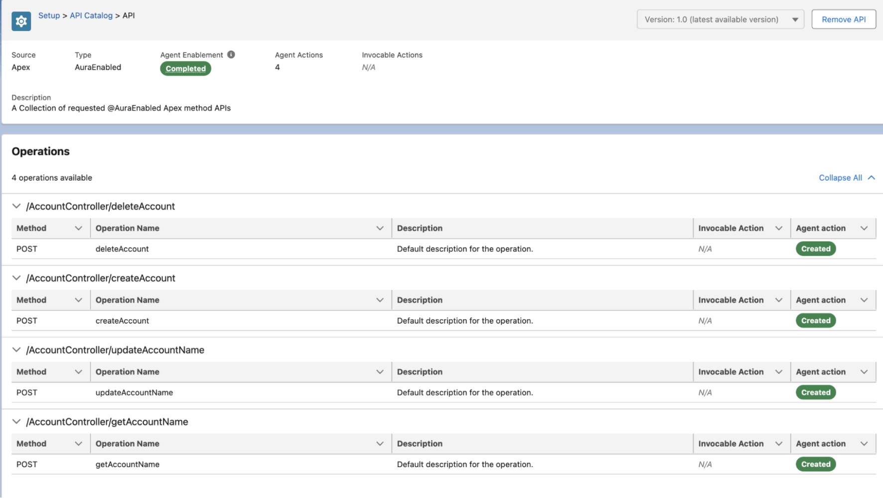 API Catalog showcasing the operations available and agent actions as created for Account Controller 