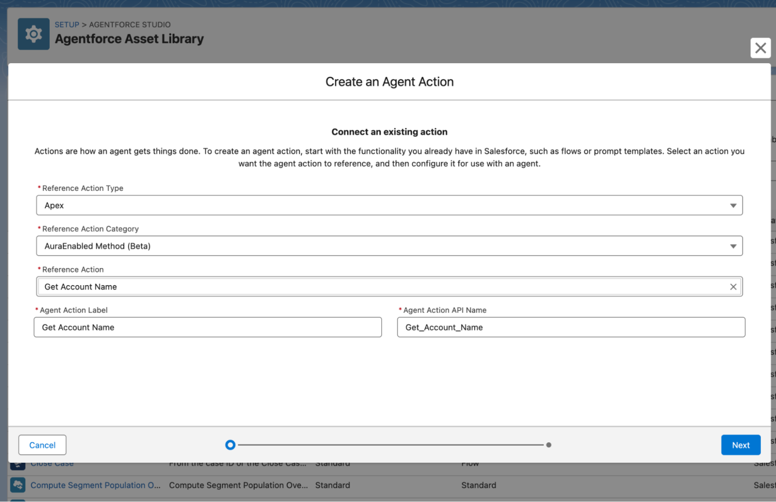 Screenshot showing the Create an Agent Action dialog