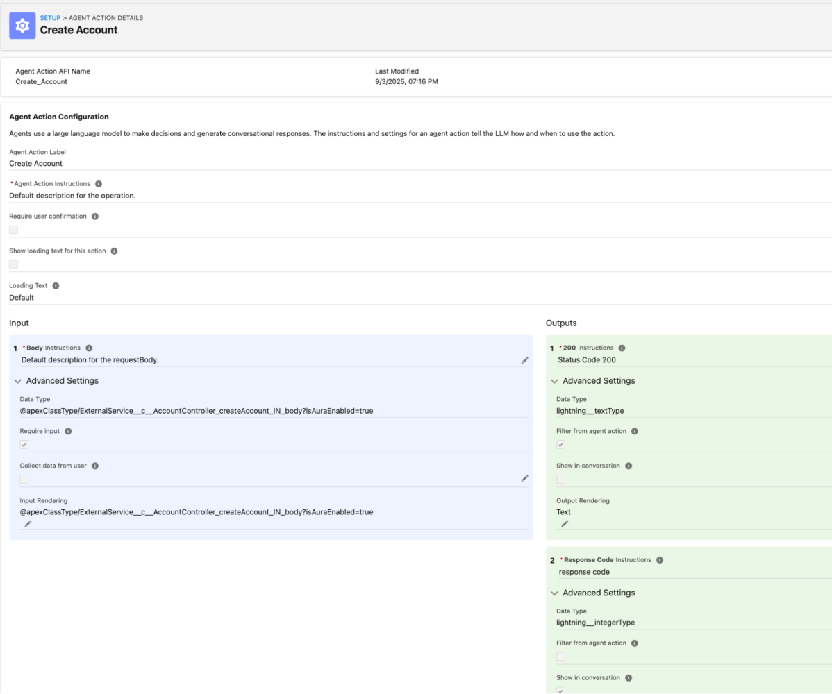 Screenshot of the Agentforce Asset Library showing the details of agent actions available