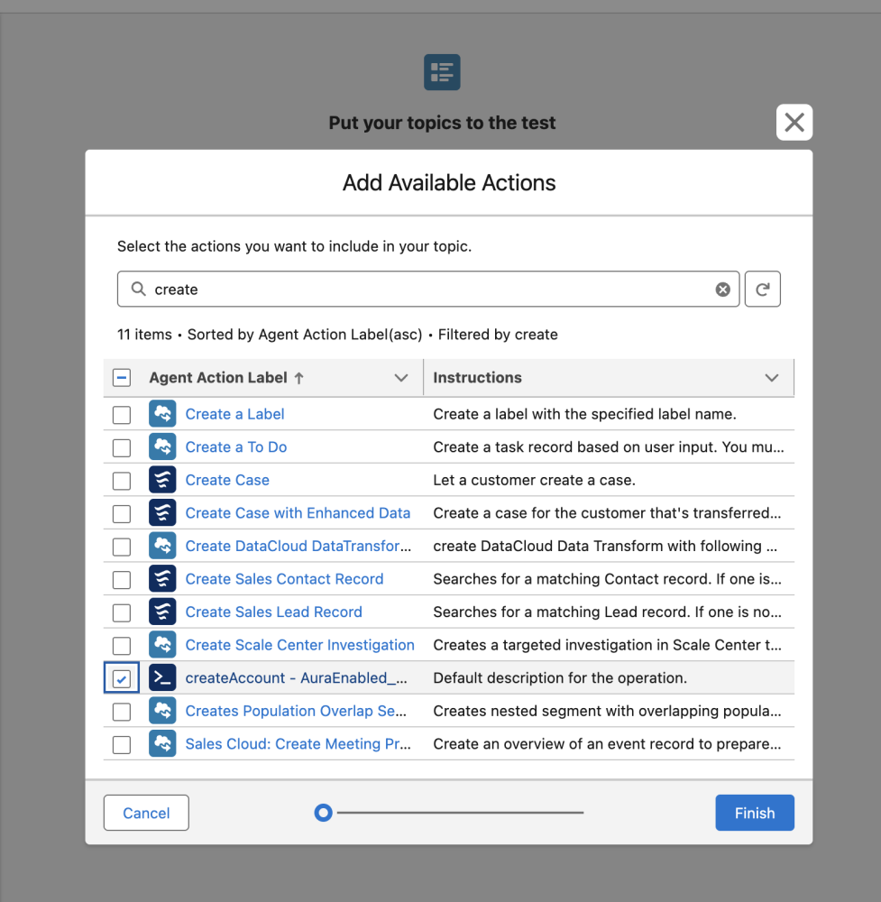 Screenshot of the Add Available Actions menu in Agent Builder, with a new AuraEnabled action selected to add to the Agentforce topic