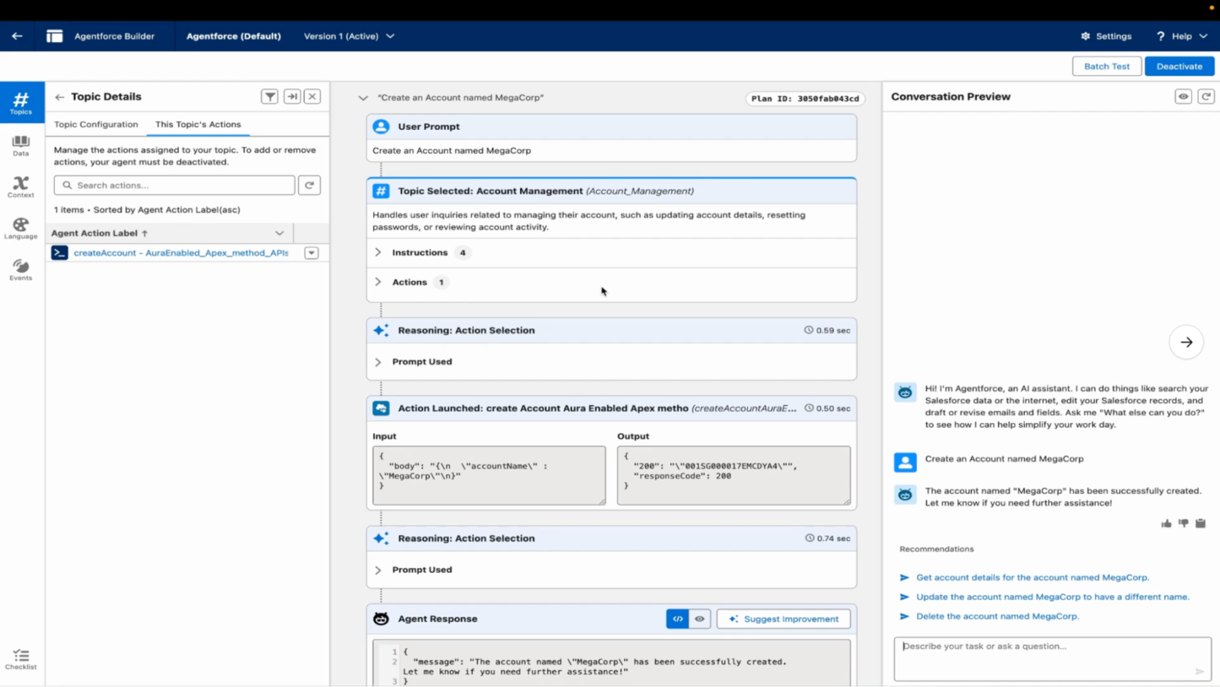 Screenshot in Agent Builder showing the activation of a topic and its related agent conversation