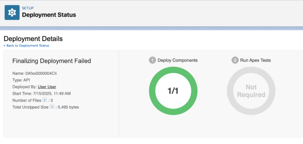 Screenshot showing the new UI status Finalizing Deployment Failed