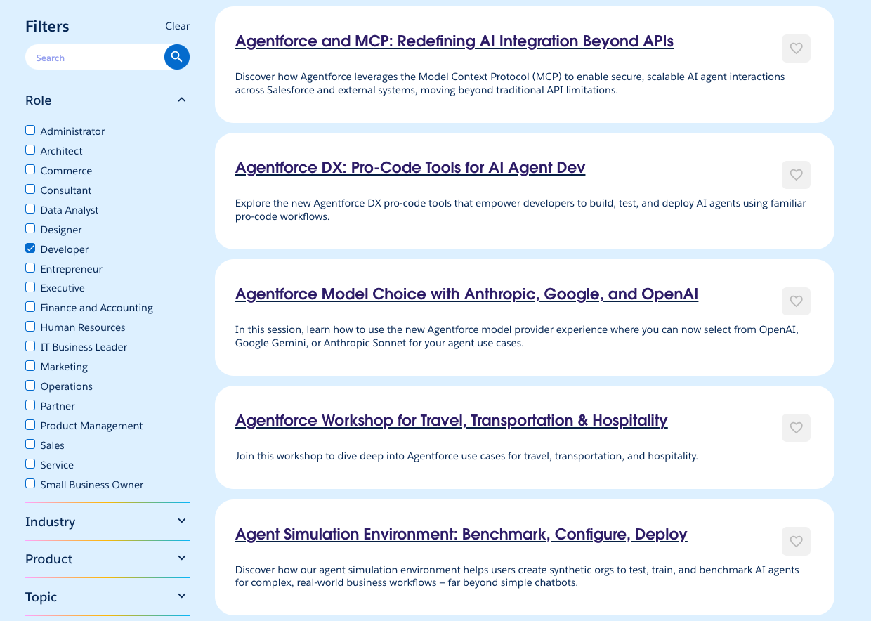 Dreamforce 2025 catalog with Developer role box checked