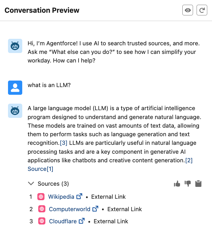 Agentforce agent showing a response with cited sources