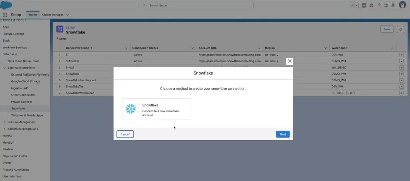 Snowflake Connector page in Data Cloud