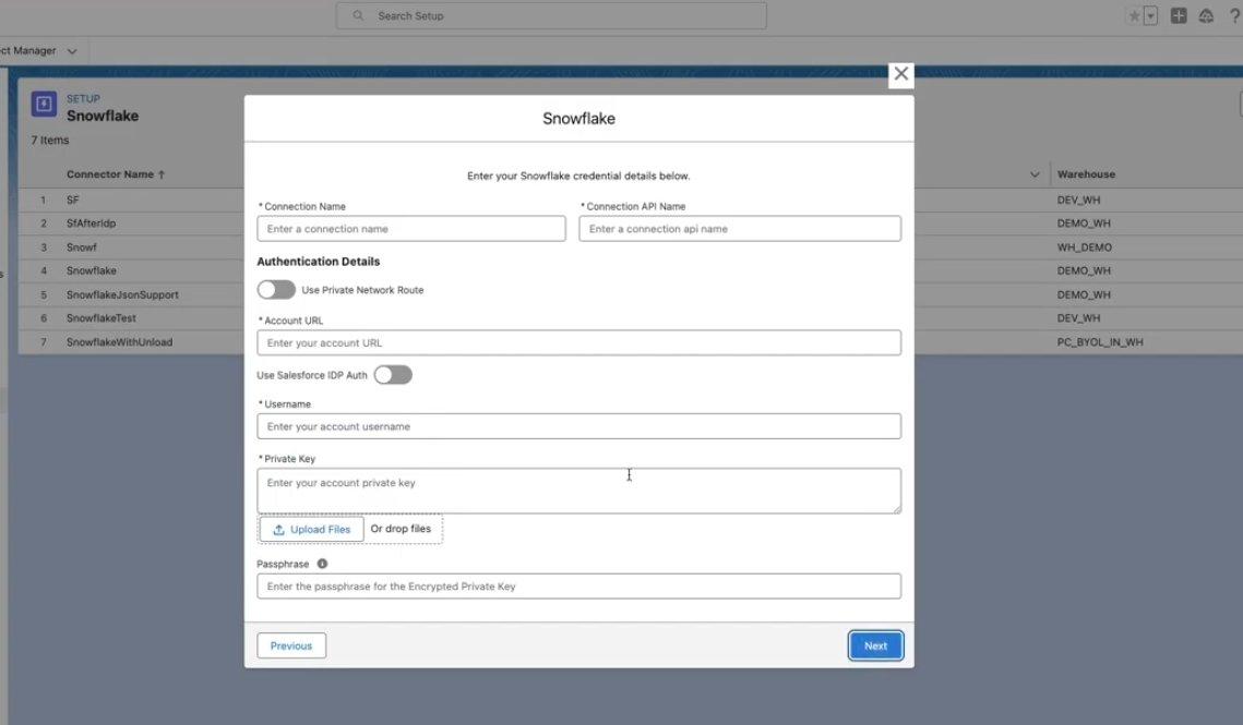 Creating a new Snowflake connection in Data Cloud