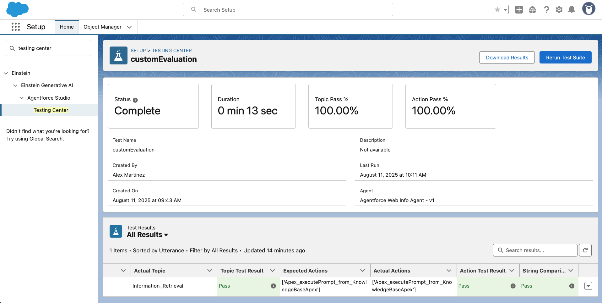 Screenshot of successful custom evaluation test results in Salesforce Agentforce Testing Center