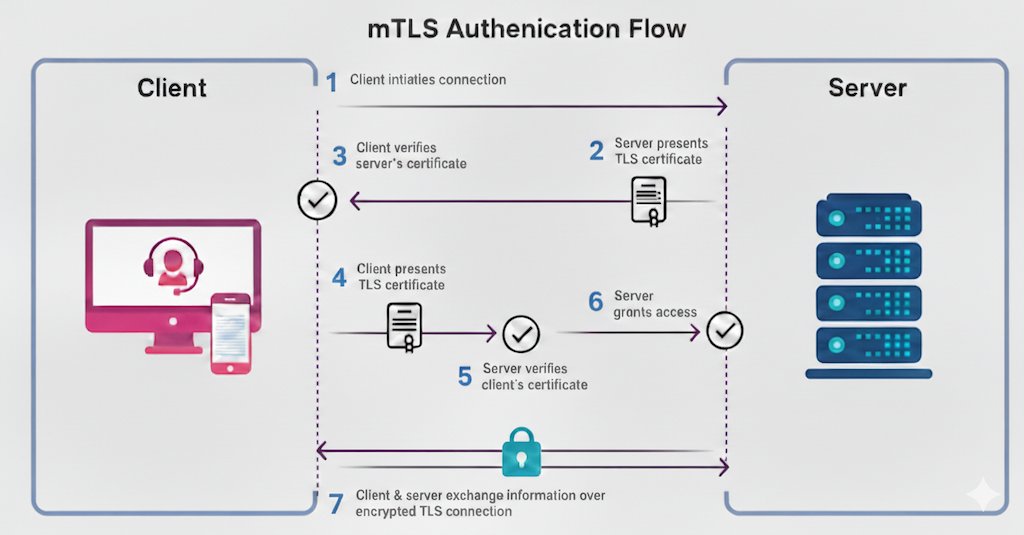 Diagram illustrating the seven steps of mutual TLS authentication between a client and a server