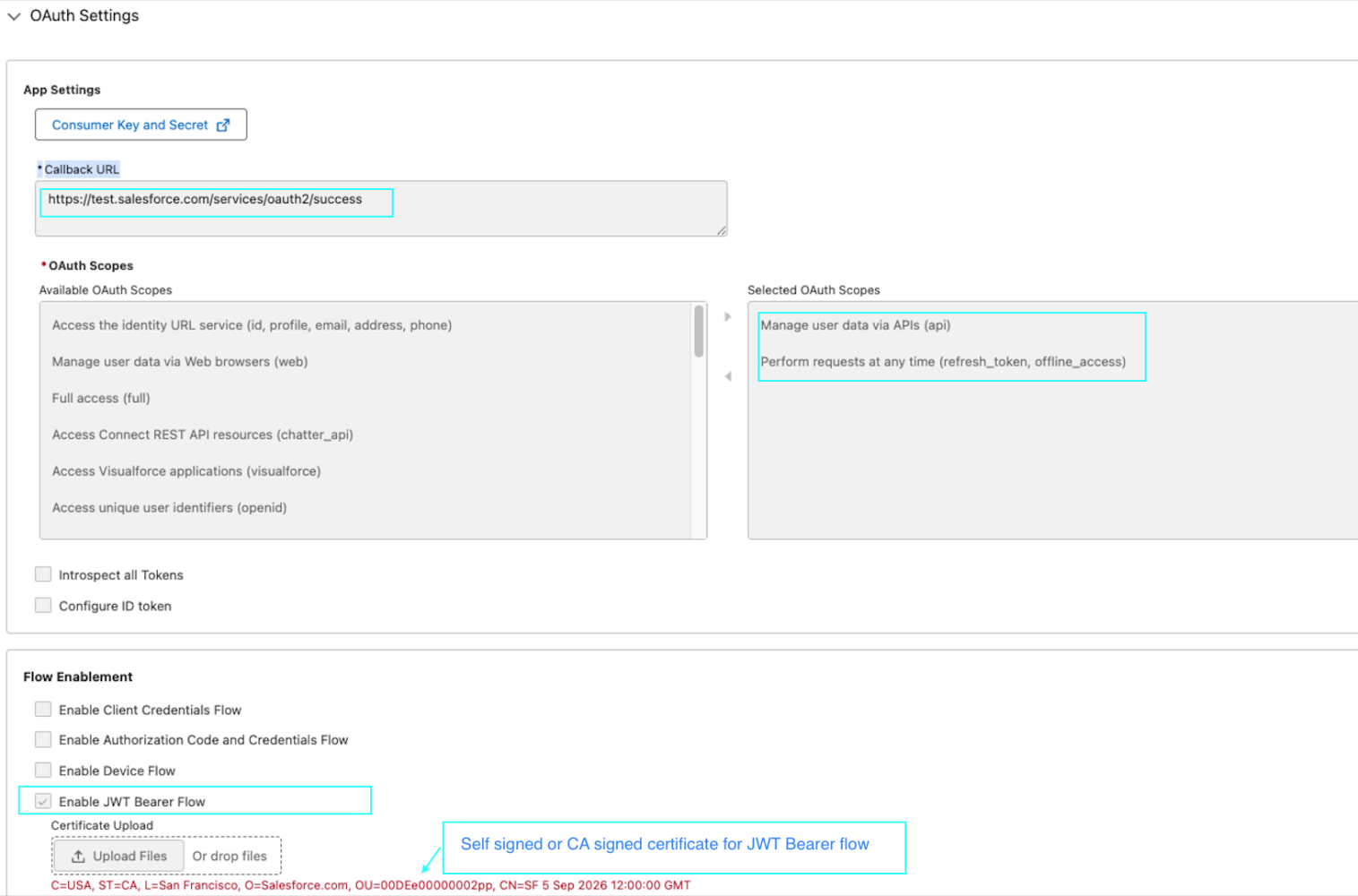 Screenshot of the Salesforce OAuth Settings page for an external client app, highlighting the required JWT bearer flow configuration.