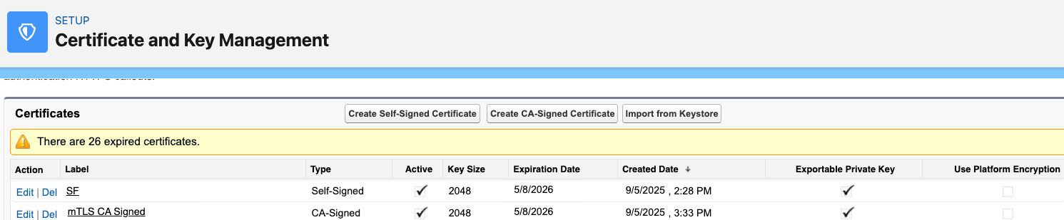 Screenshot showing the Certificate and Key Management setup page for a client org.