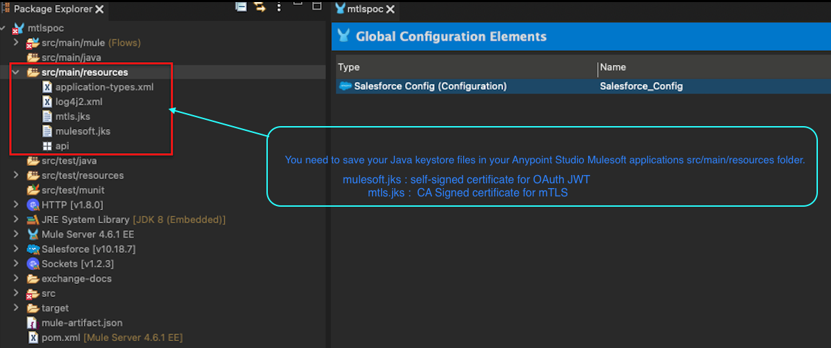 Screenshot showing a directory tree including the files mtls.jks and mulesoft.jks.