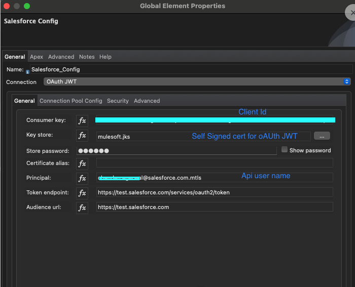 Screenshot showing the Salesforce Config window in MuleSoft