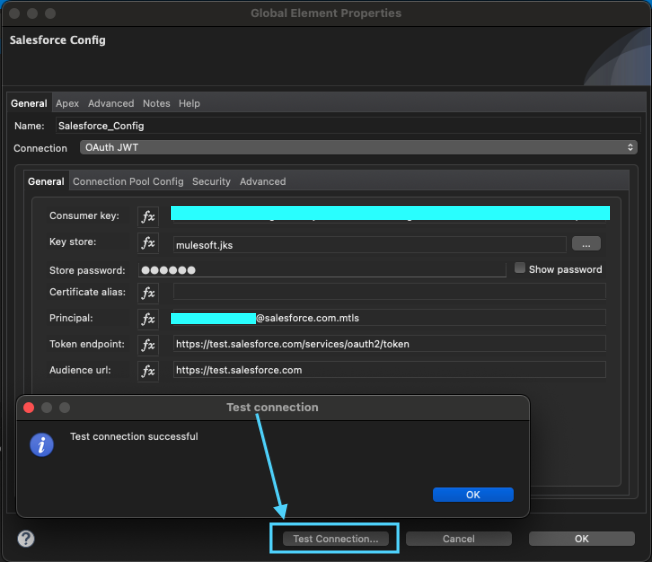 Screenshot showing a successful test response in the MuleSoft Salesforce Config component 