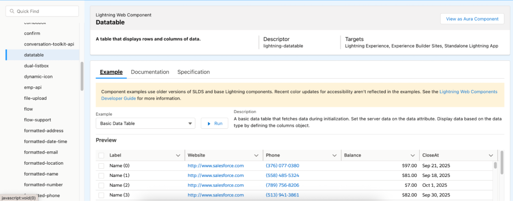 Screenshot of the old Lightning Component Reference experience