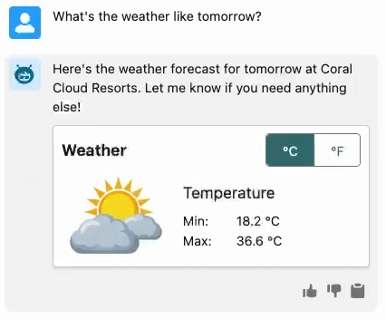 Screenshot of a custom Lightning type displaying weather information in an agent conversation