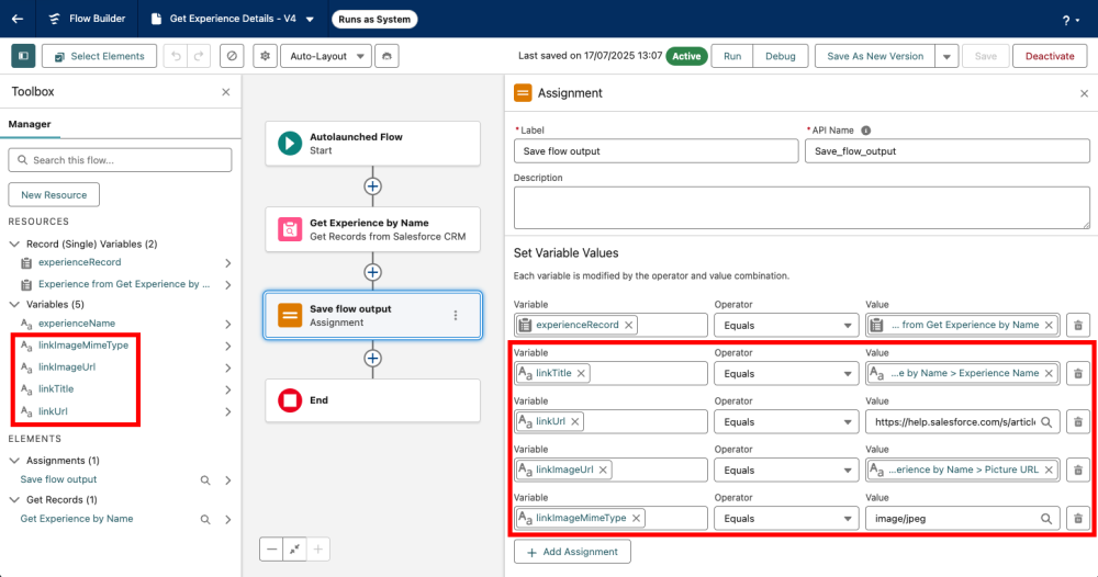 Screenshot of a flow that has output variables set up for displaying a rich link