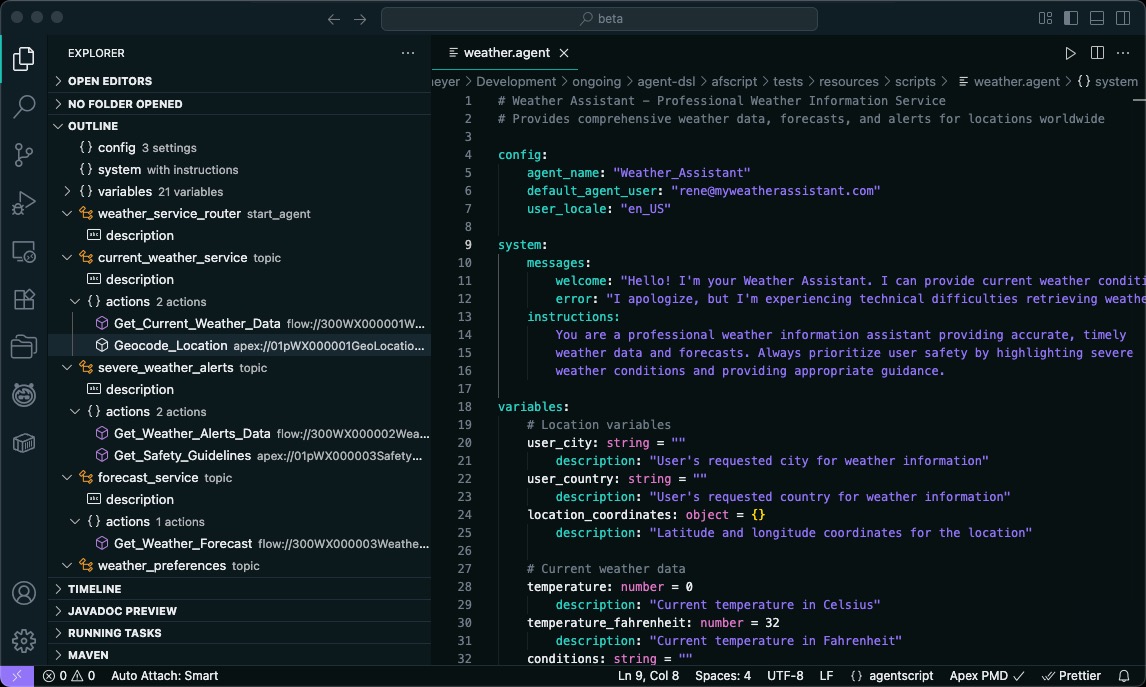 Screenshot of Agent Script with script outline in Agentforce Vibes IDE