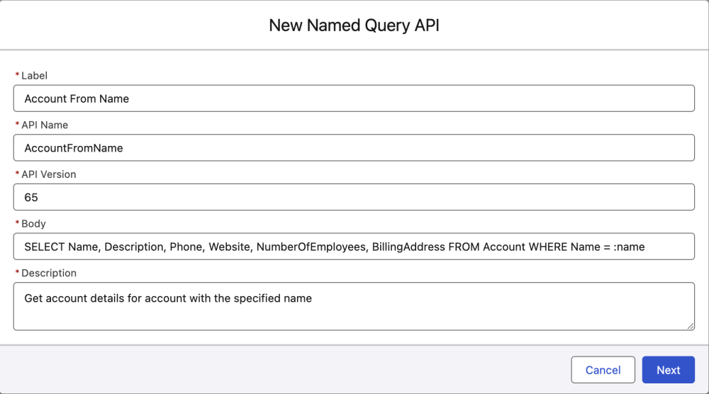 Screenshot showing the creation of a new Named Query API-Updated