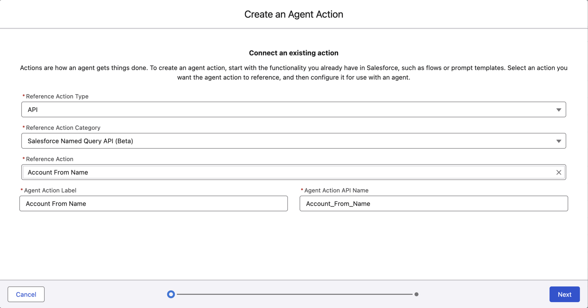 Screenshot of the New Agent Action dialog in the Agentforce Asset Library screen in Setup-Updated