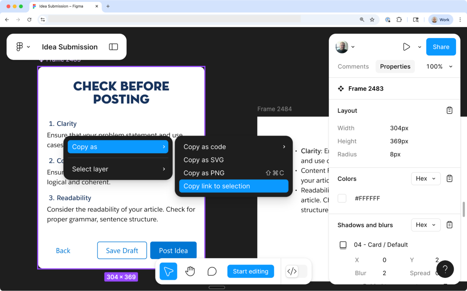 A screenshot of Figma with a two-level context menu showing “Copy as” and then “Copy link to selection” selected