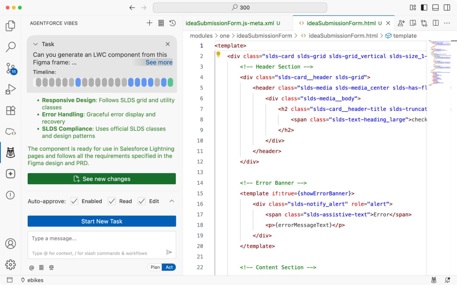 Screenshot of the Agentforce Vibes UI showing the markup generated from the Figma diagram