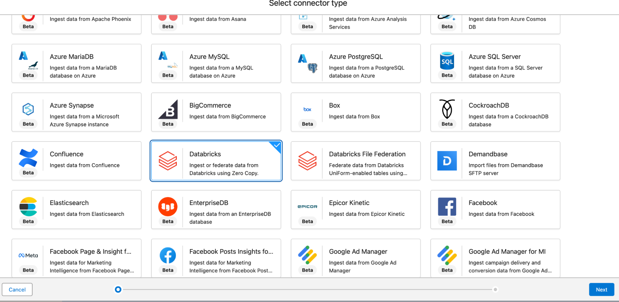 Select Connector Type page in Data 360 showing the Databricks option highlighted