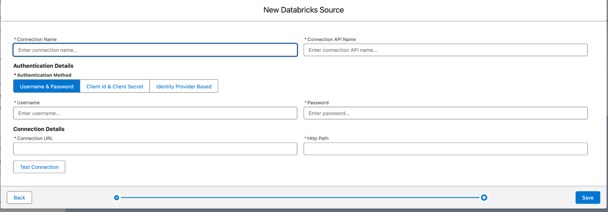 New Databricks Source page for creating a new Databricks connection in Data 360