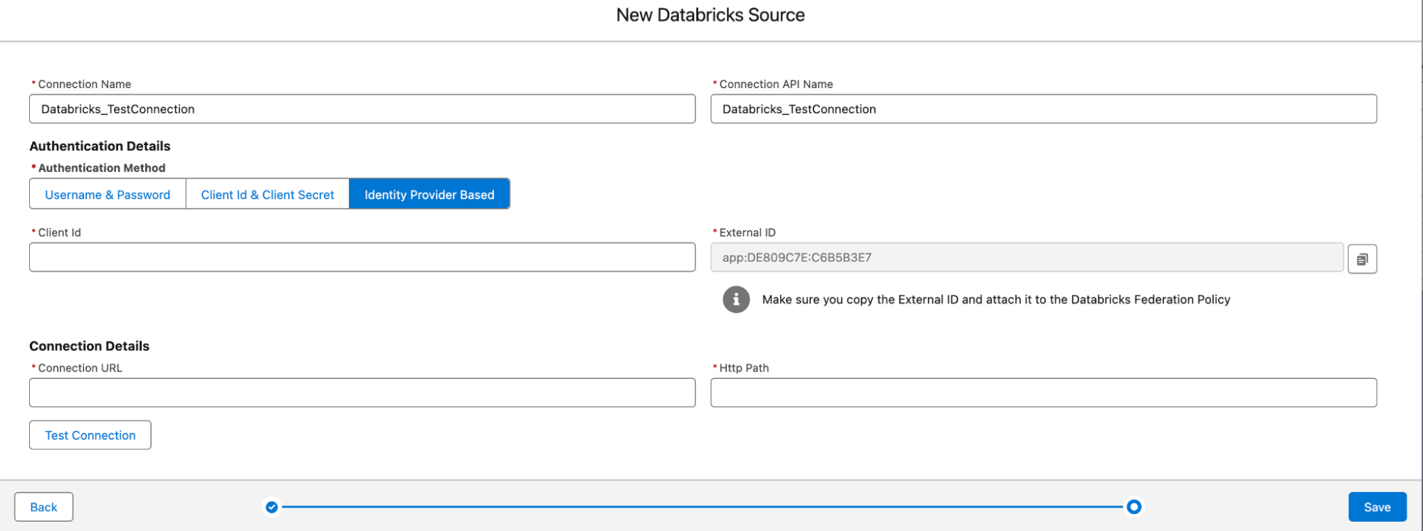 New Databricks Source page showing the connection setup for using Salesforce IDP Auth