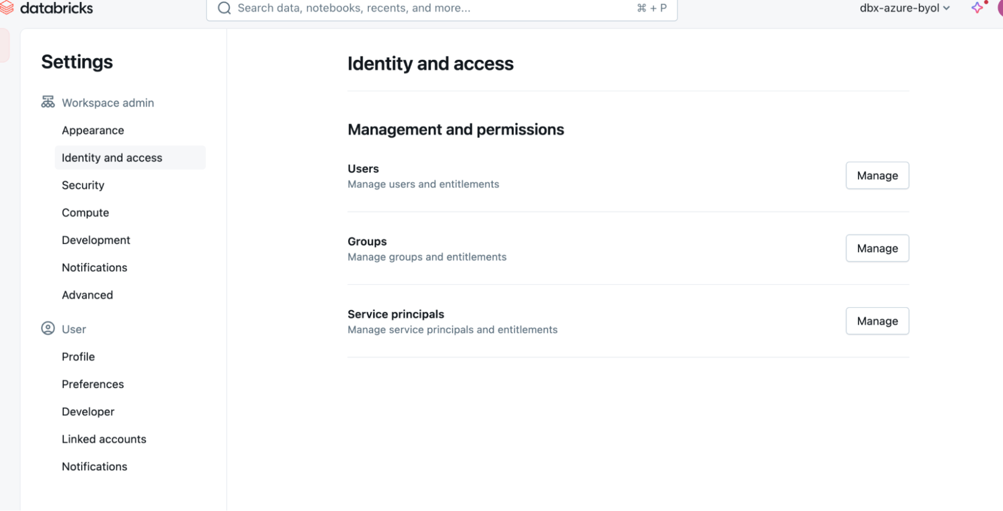Databricks admin page showing management and permissions options for identity and access.