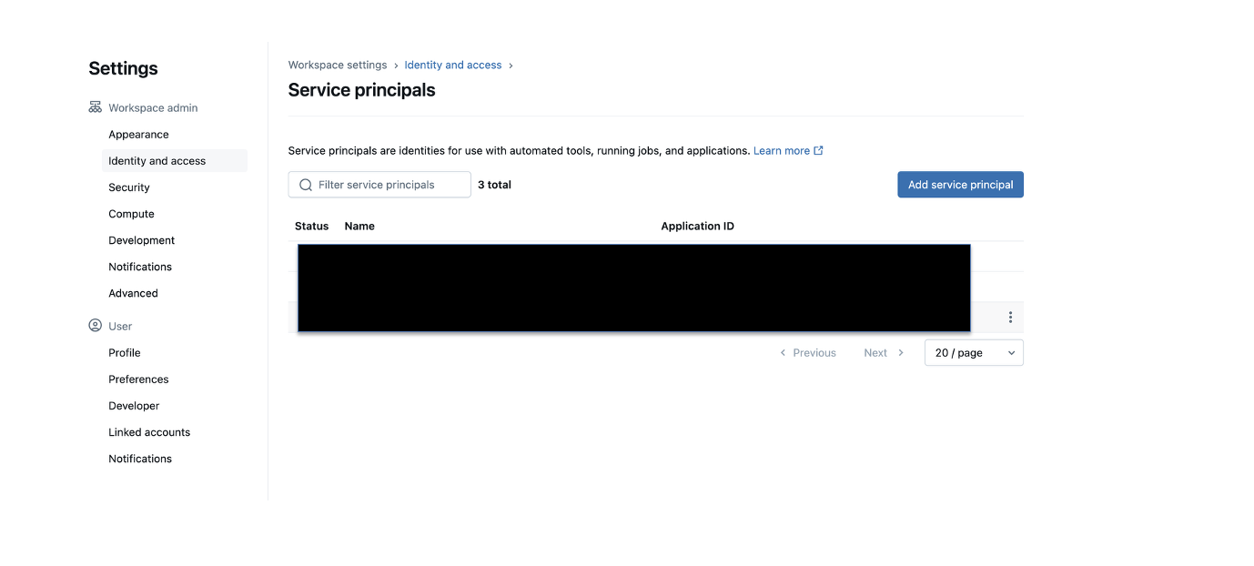 Databricks admin page showing service principals