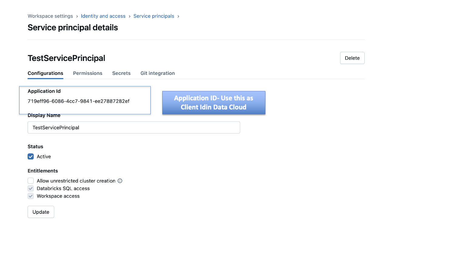 Application ID of new service principal in Databricks