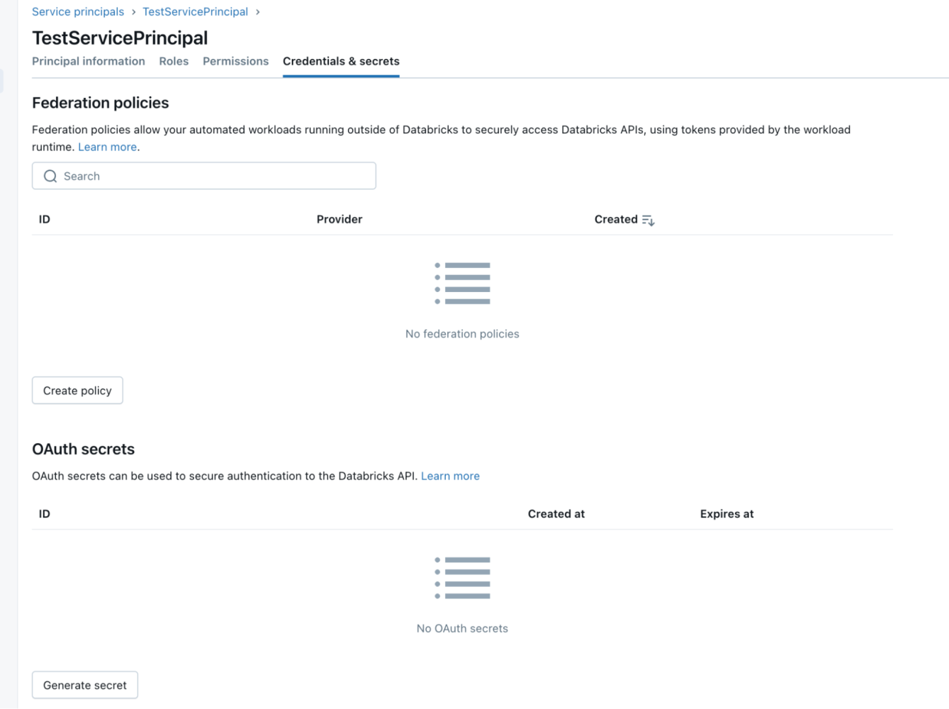 Databricks UI showing the creation of a federation policy for the new service principal