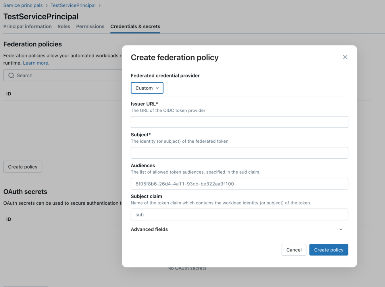 Create Federation policy window with Custom selected as a federated credential provider